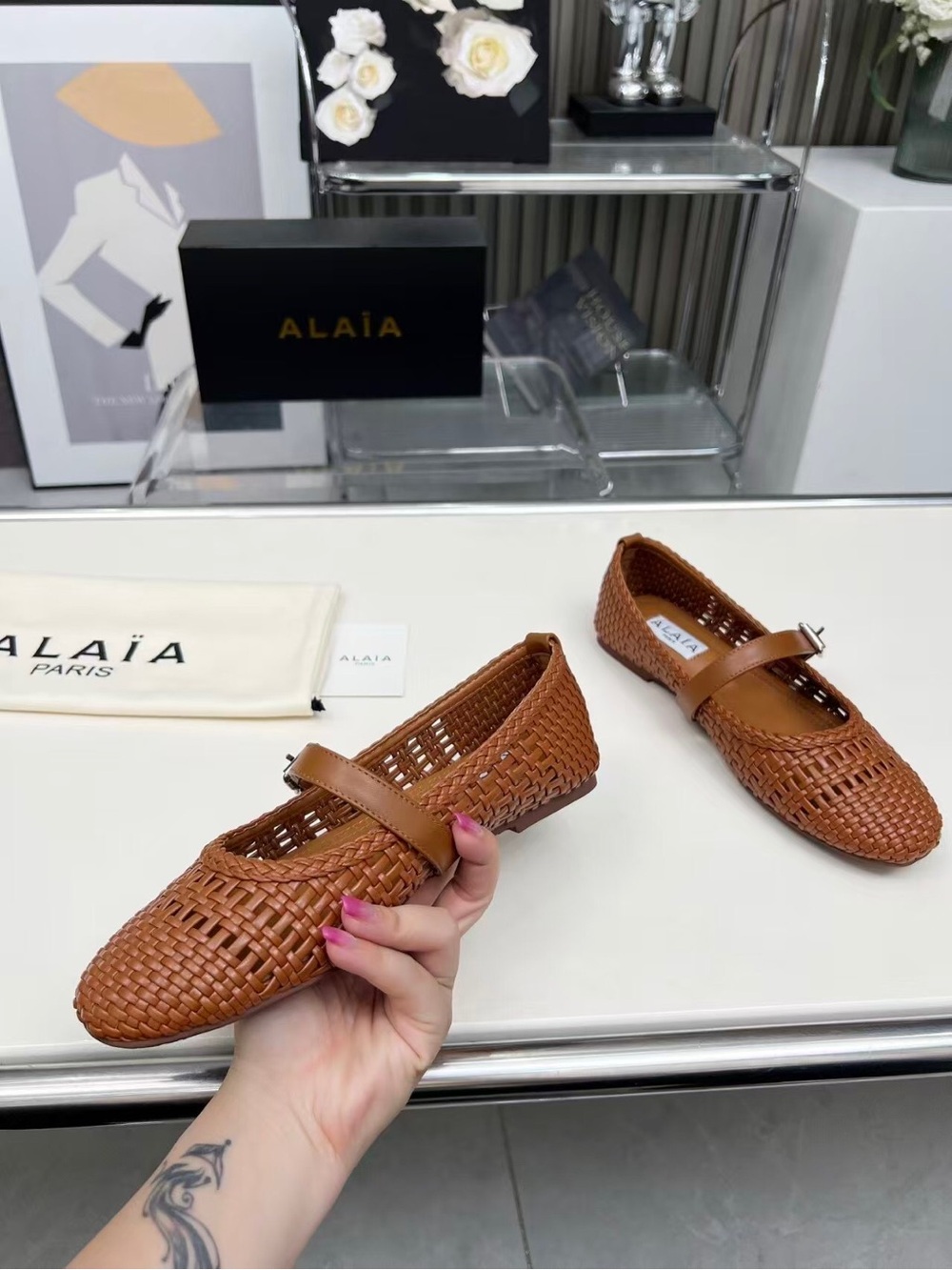 Alaia Brown Woven Mary Jane Flats - Picture 6 of 8